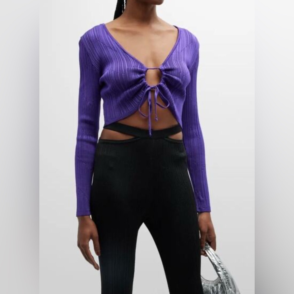 PAOLA BERNARDI Andressa Cropped Cardigan XS Purple Sparkle Knit Long Sleeve